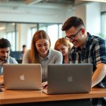Team collaborating in a modern office environment.