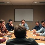 Developers in a meeting room discussing WordPress service issues.