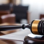 A gavel on legal documents in a courtroom.