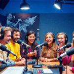 Diverse podcasters recording in a modern studio setting.