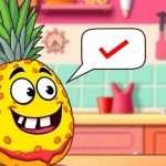 Cartoon pineapple pizza with a checkbox in a kitchen.